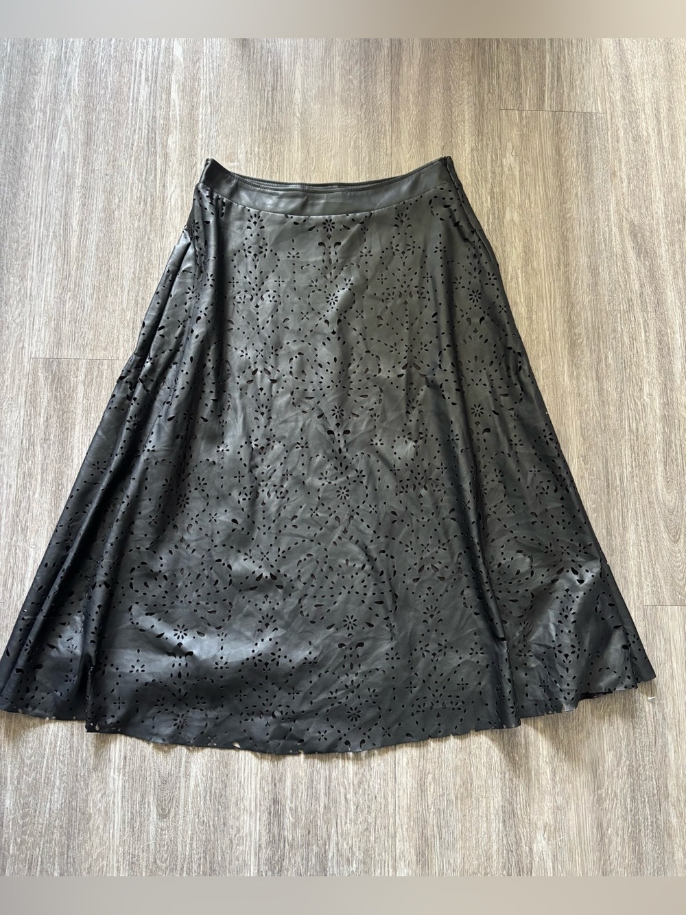 Zara Black Faux Leather Laser-Cut A-Line Skirt